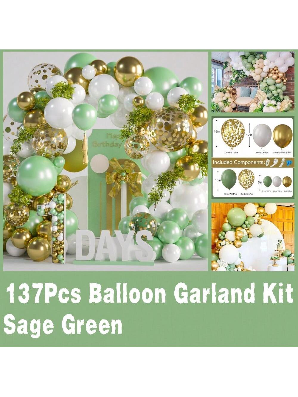 137PCS Sage Green Gold Balloon Arch Kit For Wedding, Shower & Bday Decor