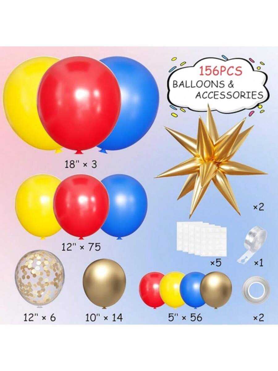 156PCS Blue Yellow Red & Gold Balloon Arch Kit with Star Balloons for Parties