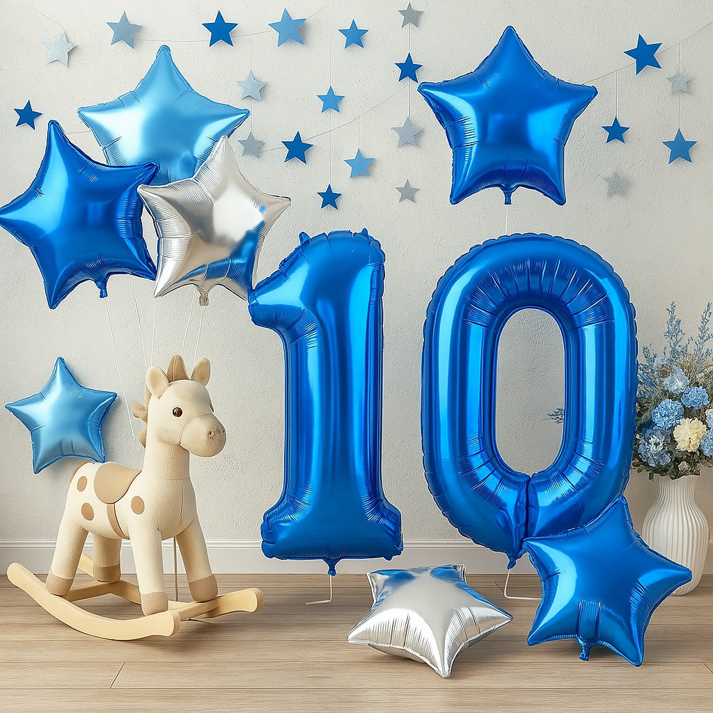 40 Inch Dark Blue Number 10 Balloons Silver Star Teal Foil for Birthday Decor