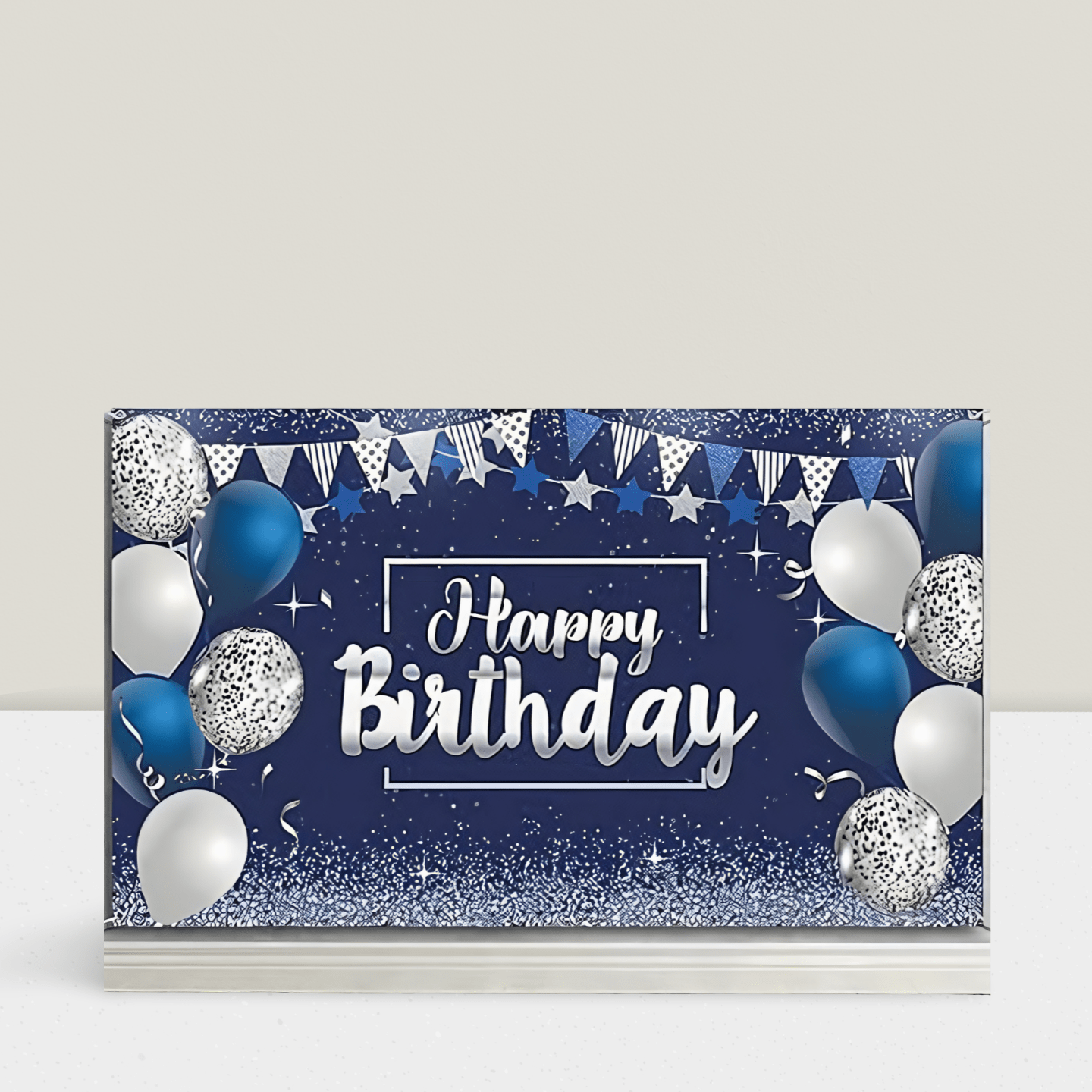 Happy Birthday Backdrop Glitter Banner 72.8x43.3 Silver Navy Party Decor