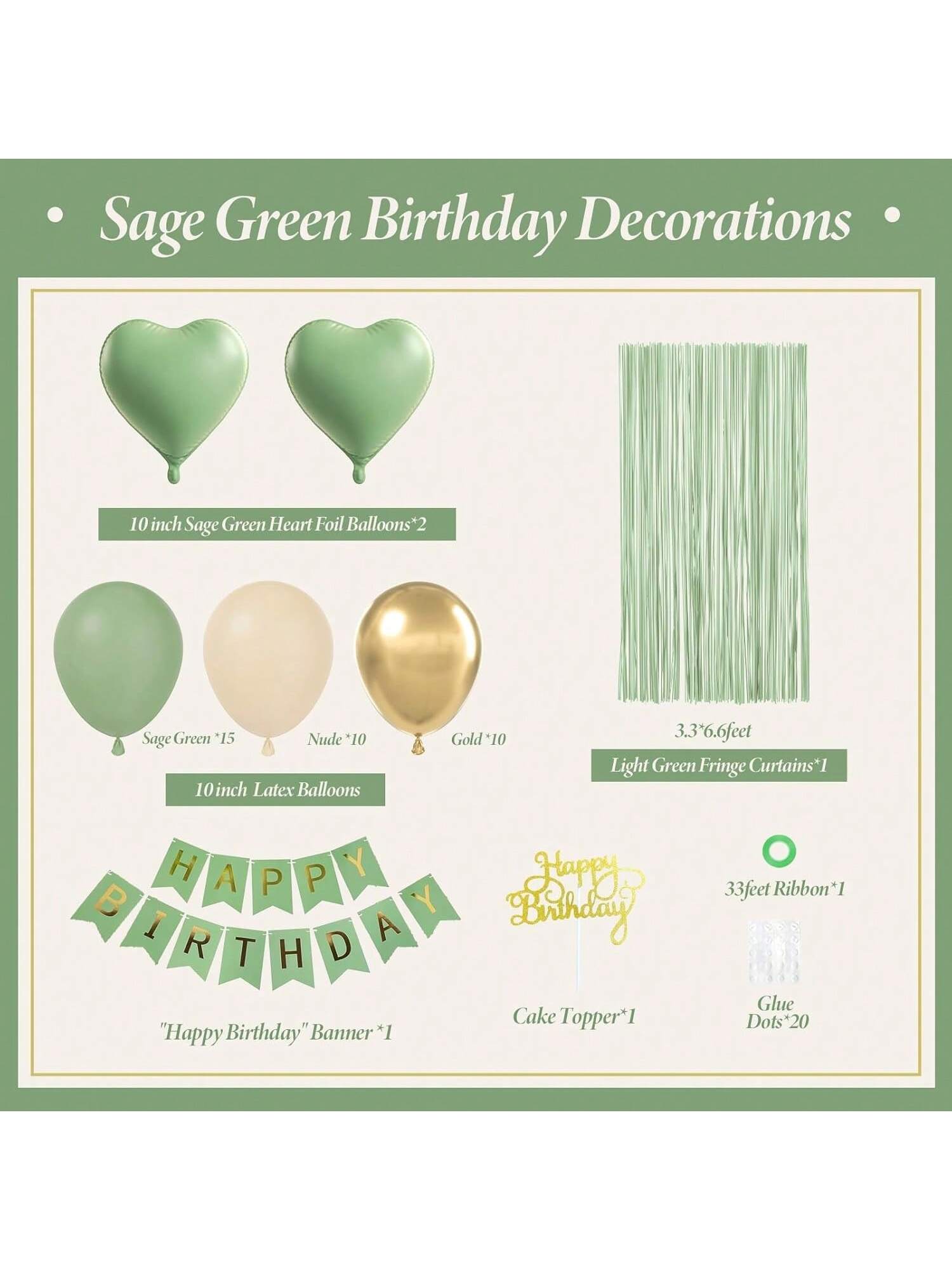 Sage Green and Gold Birthday Decorations with Banner, Balloons, and Cake Topper