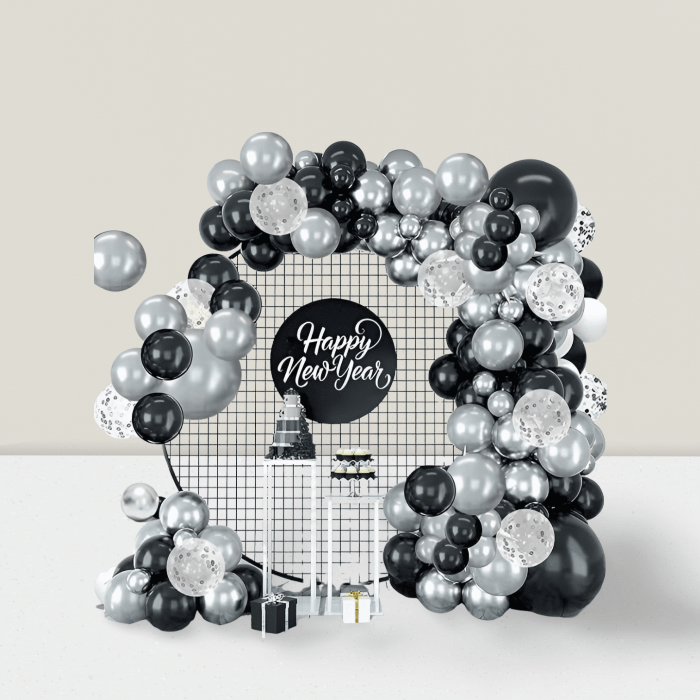 Black & Silver Balloon Garland With Latex And Confetti Balloons For Parties