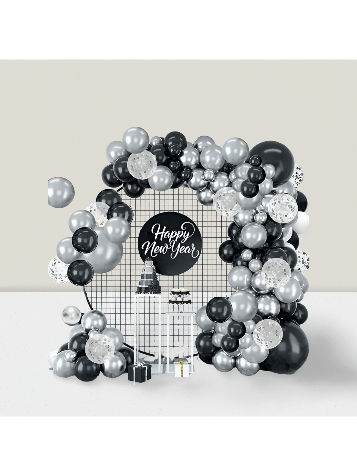 Black & Silver Balloon Garland With Latex And Confetti Balloons For Parties