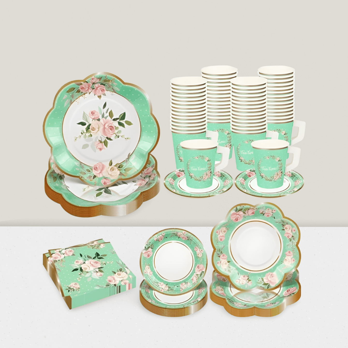 136pcs Green Floral Tea Party Set for 25 Guests Cups Plates Saucers