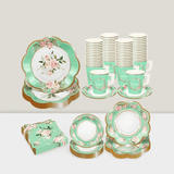 136pcs Green Floral Tea Party Set for 25 Guests Cups Plates Saucers