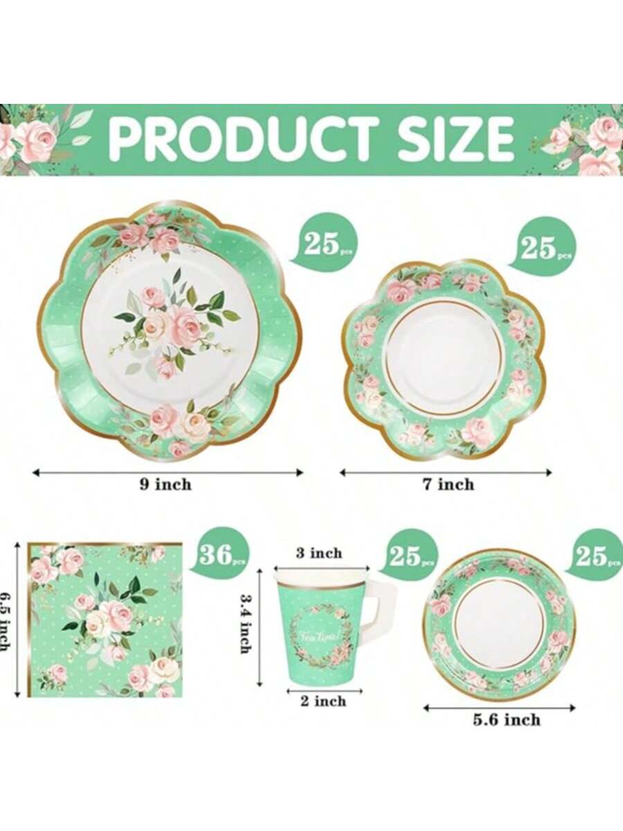 136pcs Green Floral Tea Party Set for 25 Guests Cups Plates Saucers