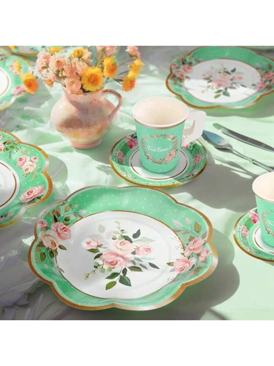 136pcs Green Floral Tea Party Set for 25 Guests Cups Plates Saucers