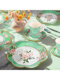 136pcs Green Floral Tea Party Set for 25 Guests Cups Plates Saucers