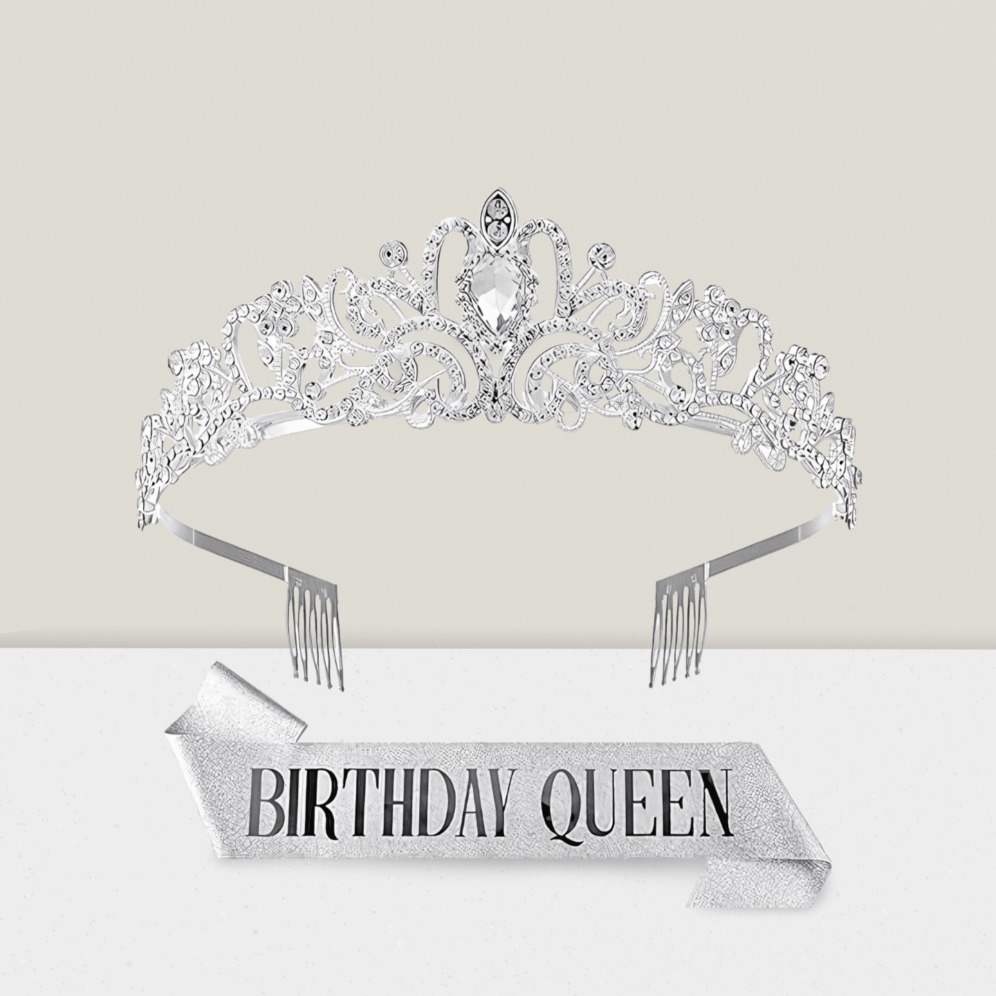Birthday Queen Sash & Tiara Set Silver Crystal Rhinestone Crown For Women