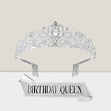 Birthday Queen Sash & Tiara Set Silver Crystal Rhinestone Crown For Women