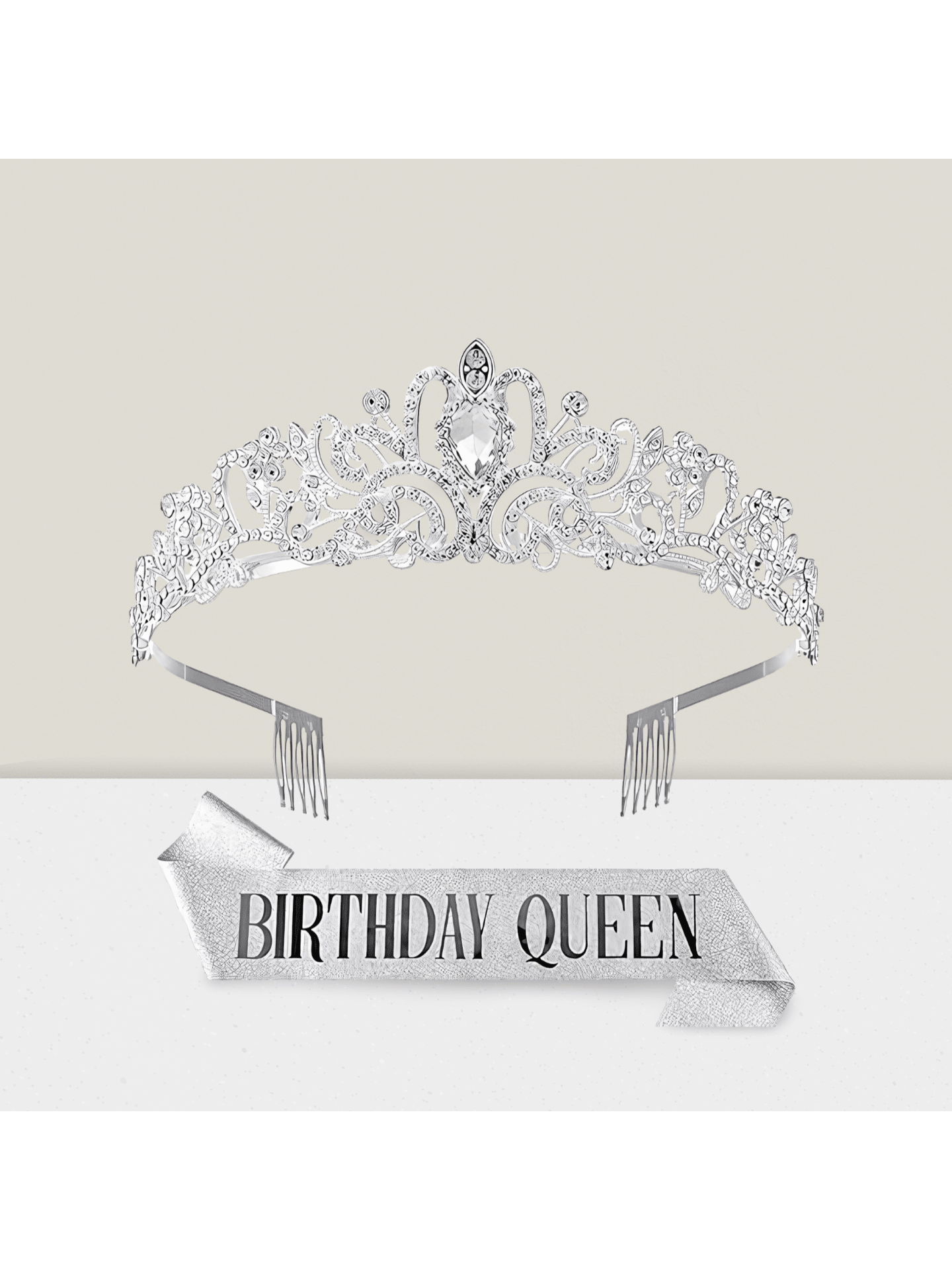Birthday Queen Sash & Tiara Set Silver Crystal Rhinestone Crown For Women