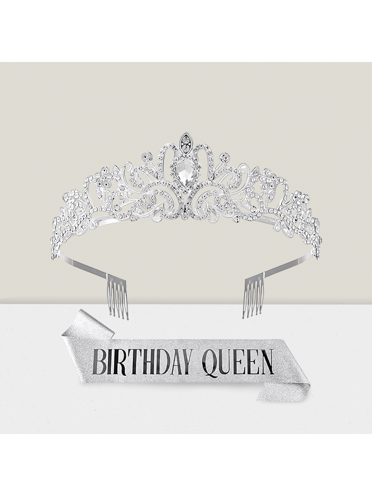 Birthday Queen Sash & Tiara Set Silver Crystal Rhinestone Crown For Women