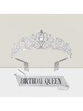 Birthday Queen Sash & Tiara Set Silver Crystal Rhinestone Crown For Women