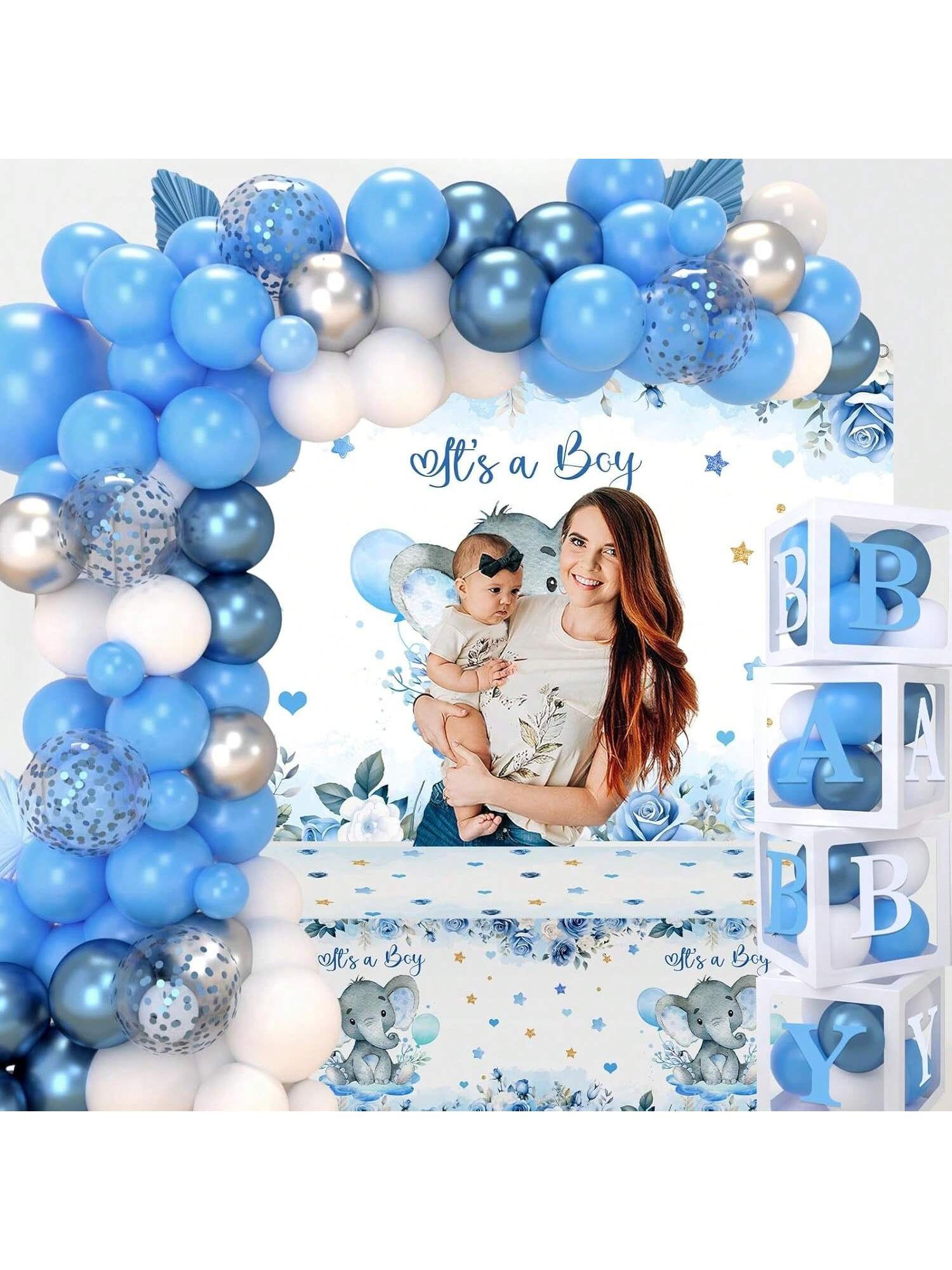 Elephant Shower Decor Kit Blue Balloons Tablecloth Backdrop And Boxes