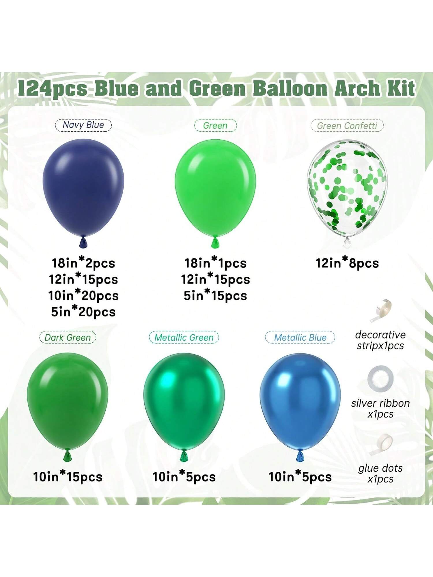124pcs Blue Green Balloon Arch Kit Metallic Balloons With Confetti For Decor