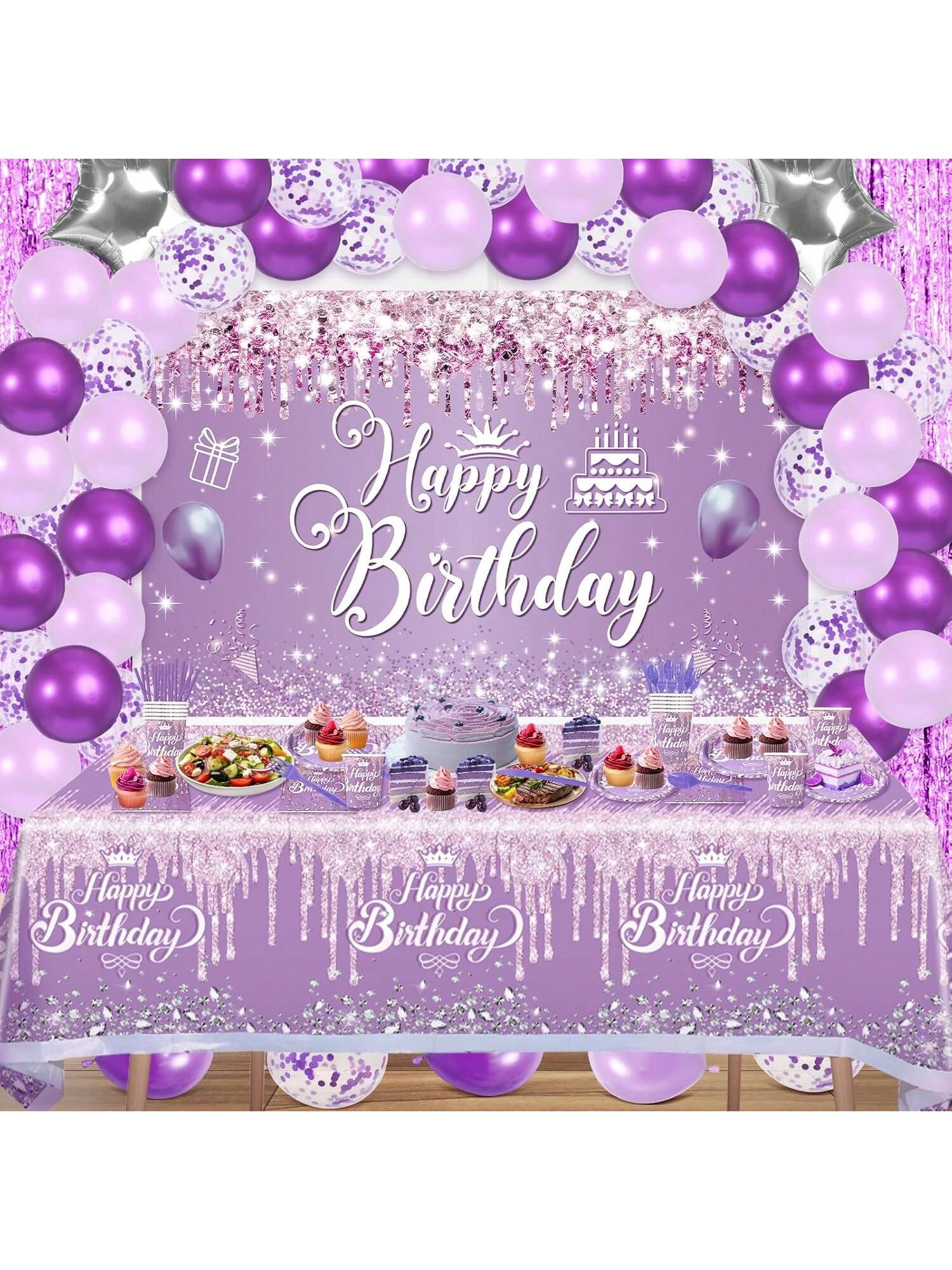 152pcs Purple Party Tableware Set Banner Plates Cups Foils And Fringe Curtain