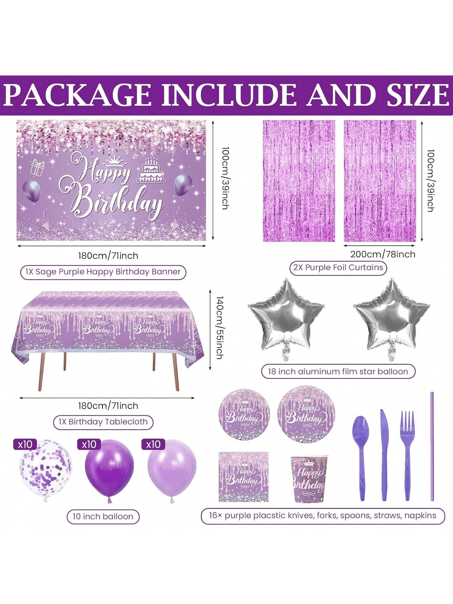 152pcs Purple Party Tableware Set Banner Plates Cups Foils And Fringe Curtain