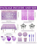 152pcs Purple Party Tableware Set Banner Plates Cups Foils And Fringe Curtain