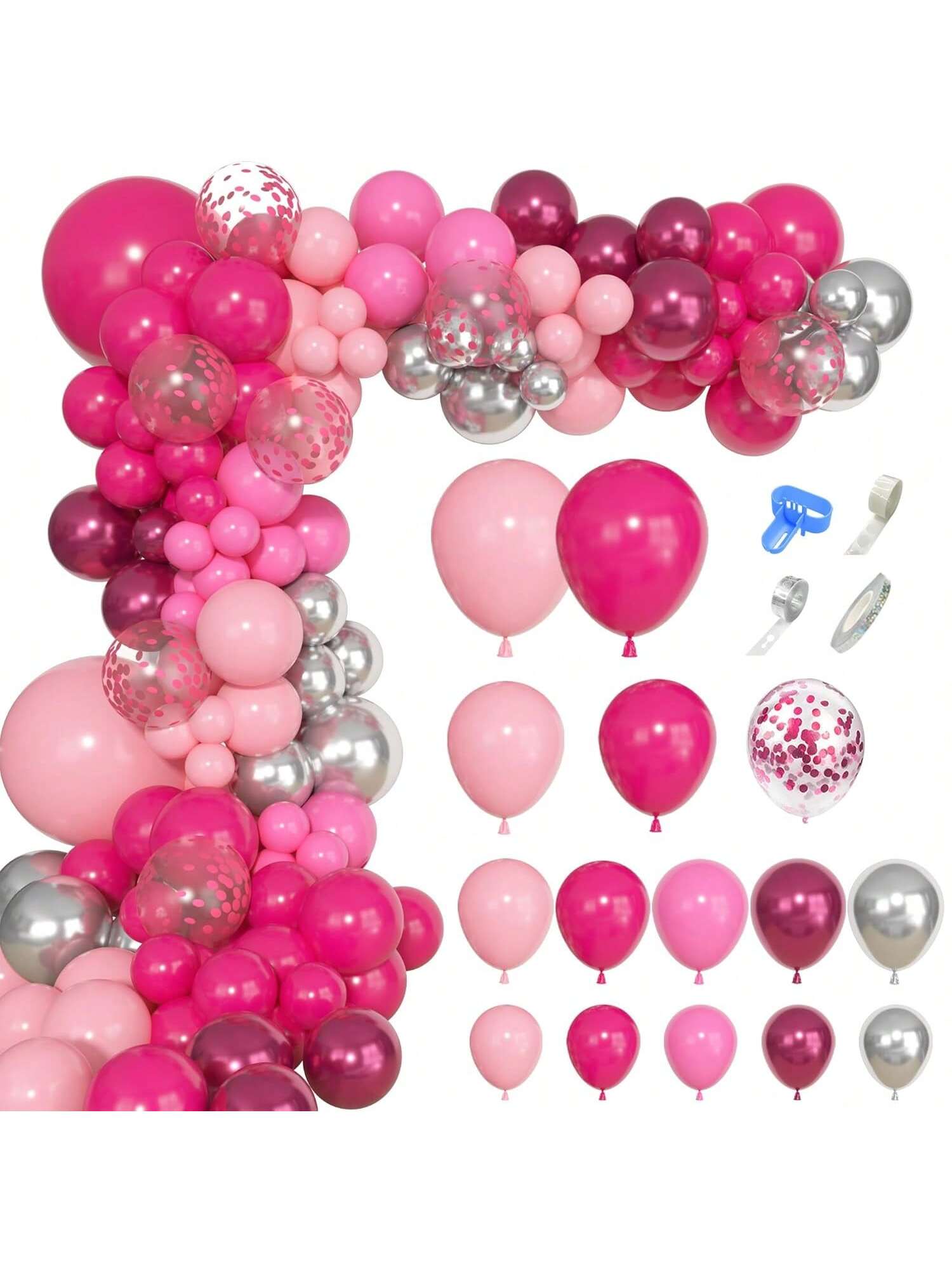 Pink Silver Princess Arch Kit 140pcs Confetti Balloons For Shower Or Bachelorette