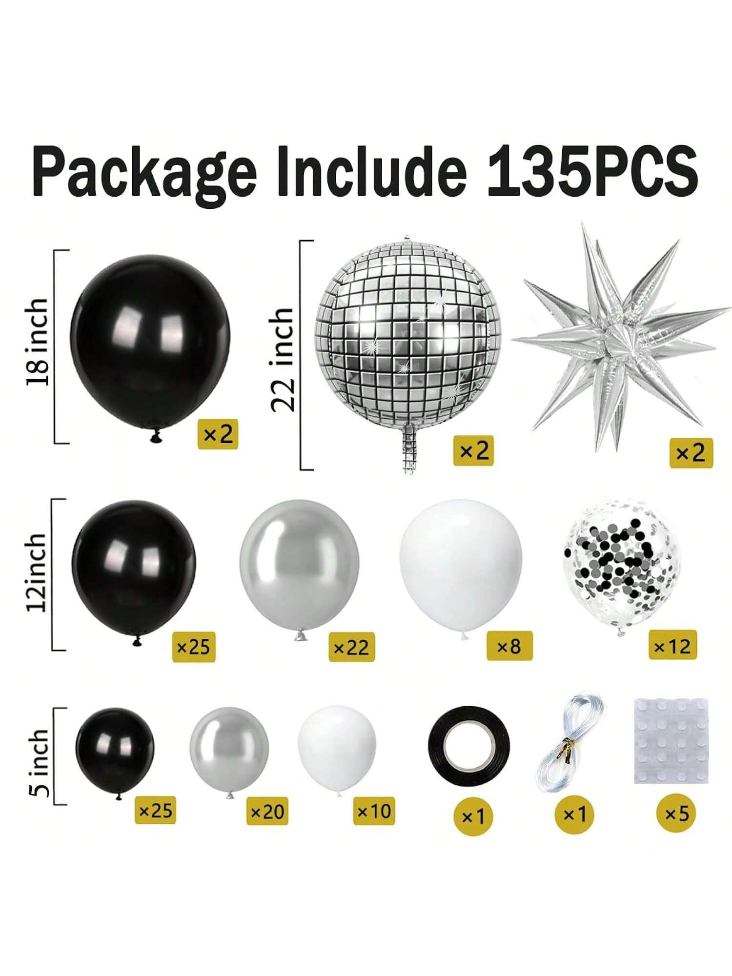 Metallic Silver Black Balloon Arch Kit For Disco NYE Or Graduation Party