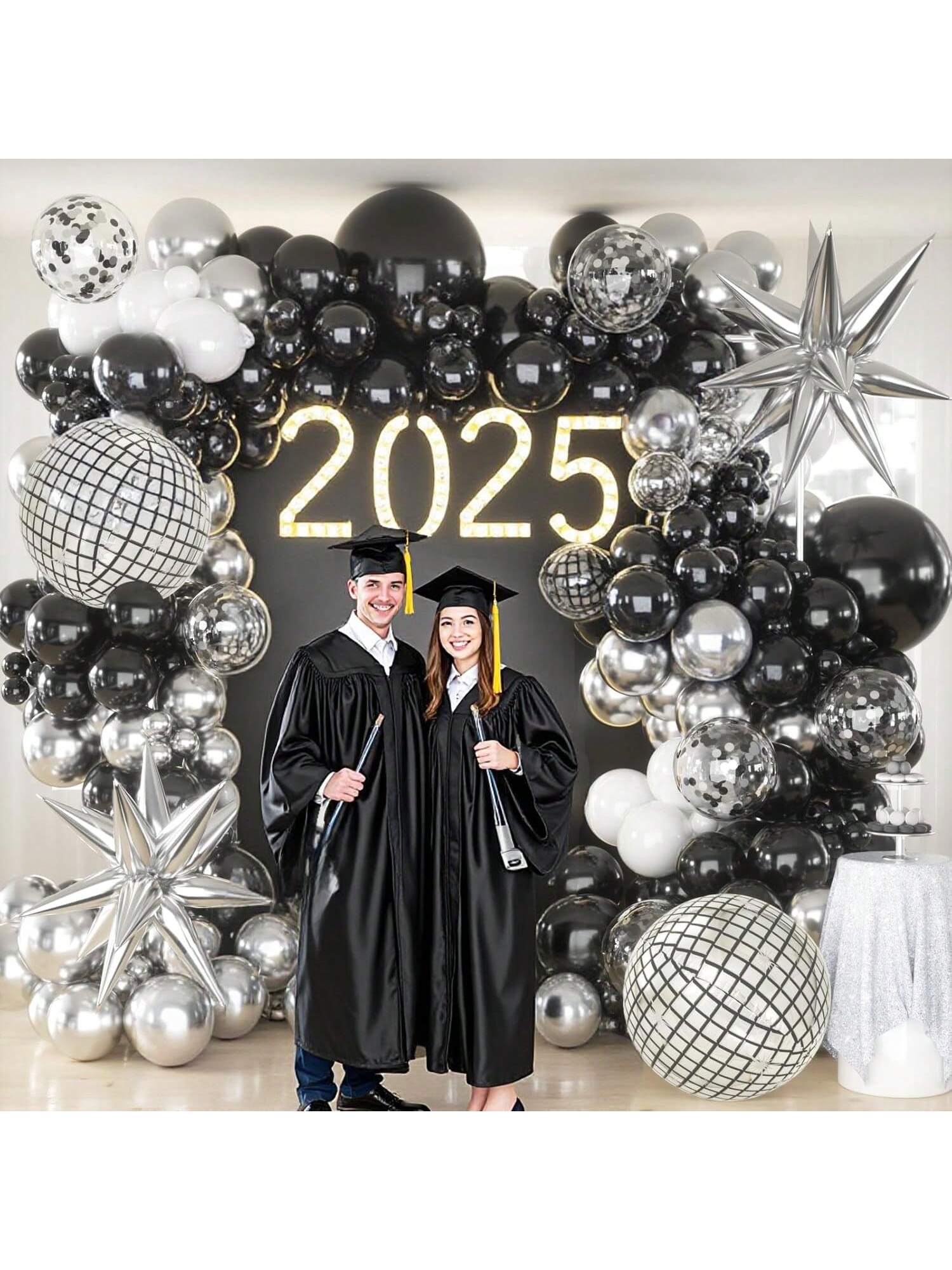 Metallic Silver Black Balloon Arch Kit For Disco NYE Or Graduation Party