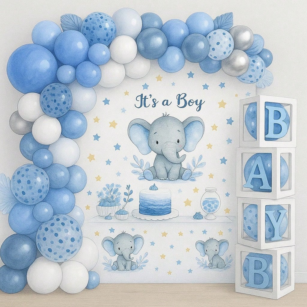 Elephant Shower Decor Kit Blue Balloons Tablecloth Backdrop And Boxes