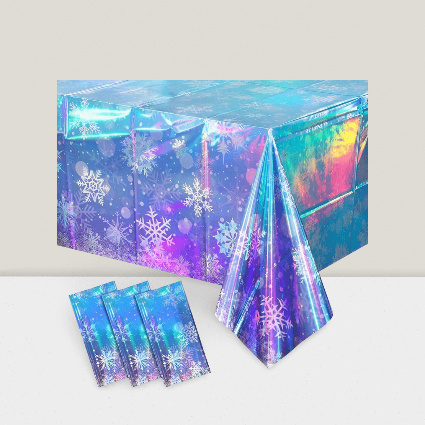 3-Pc Snowflake Iridescent Tablecloths 54x108 for Winter and Holiday Parties