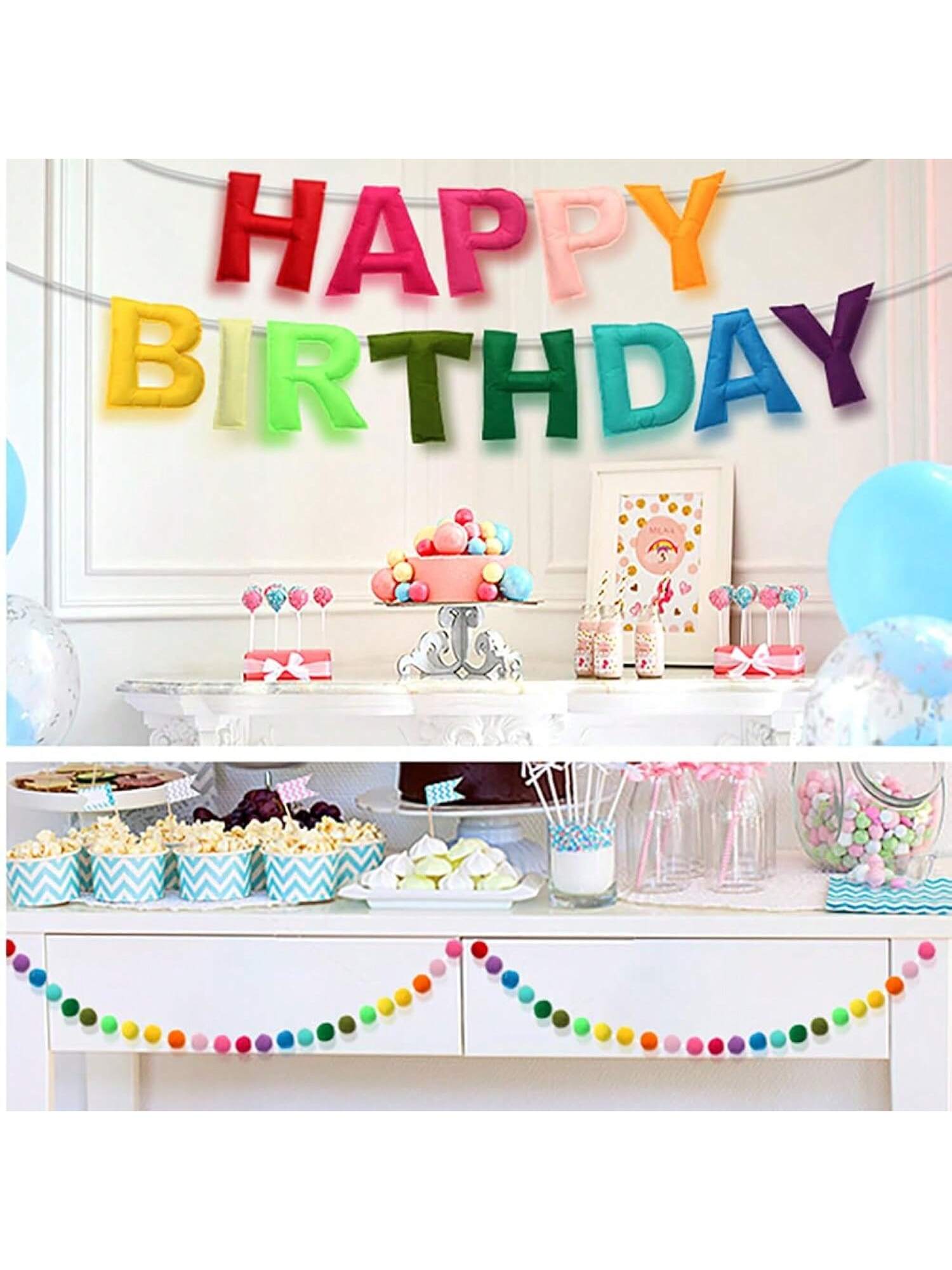 Happy Birthday Banner with Balloon Garland and Pennant Flags for Party Decor