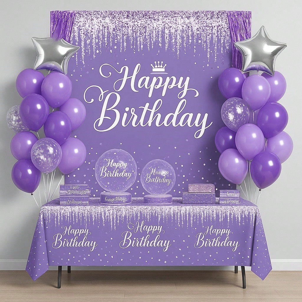 152pcs Purple Party Tableware Set Banner Plates Cups Foils And Fringe Curtain