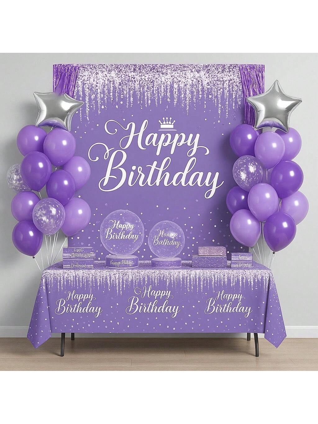 152pcs Purple Party Tableware Set Banner Plates Cups Foils And Fringe Curtain