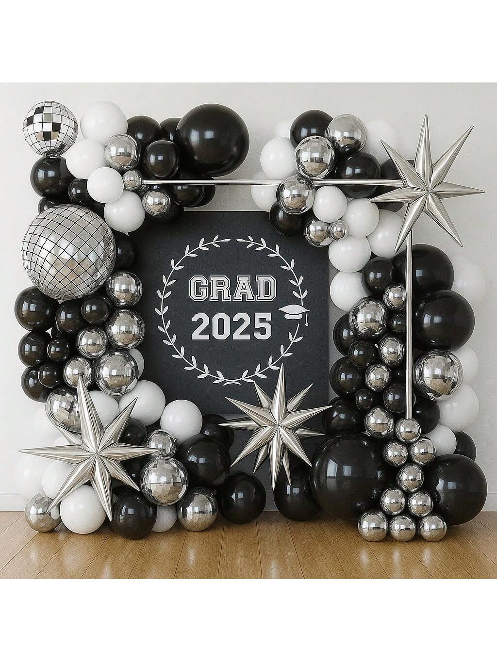 Metallic Silver Black Balloon Arch Kit For Disco NYE Or Graduation Party