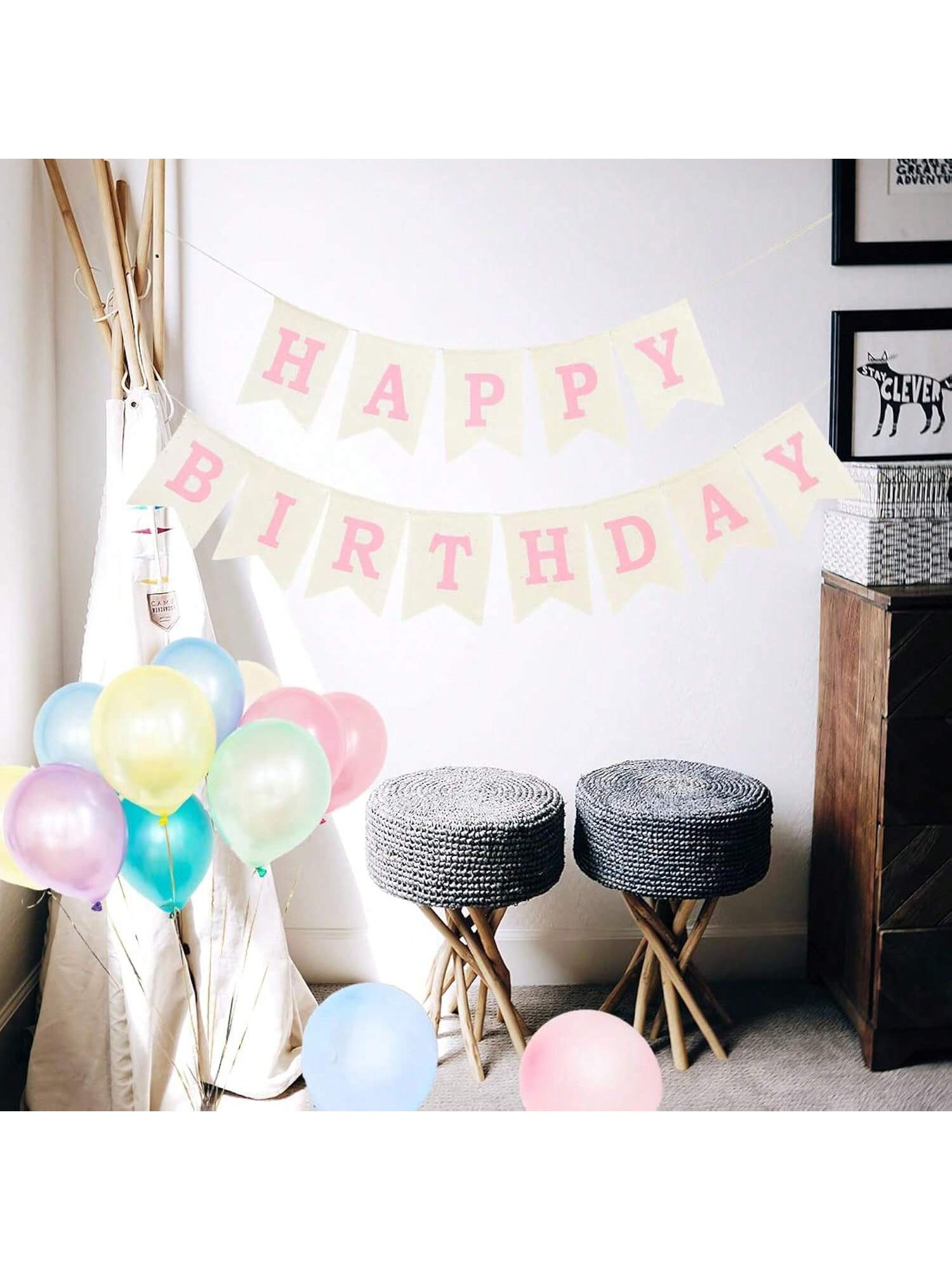 Pink Rustic Happy Birthday Banner Hanging Sign for Party Backdrop Decor