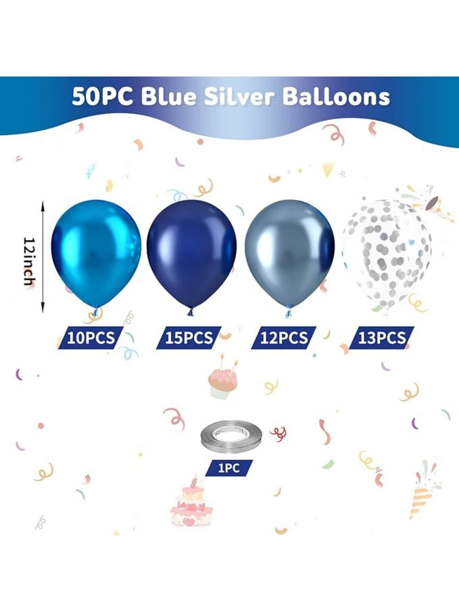 Metallic Blue Silver Confetti Balloons For Shower Wedding Birthday Or Graduation