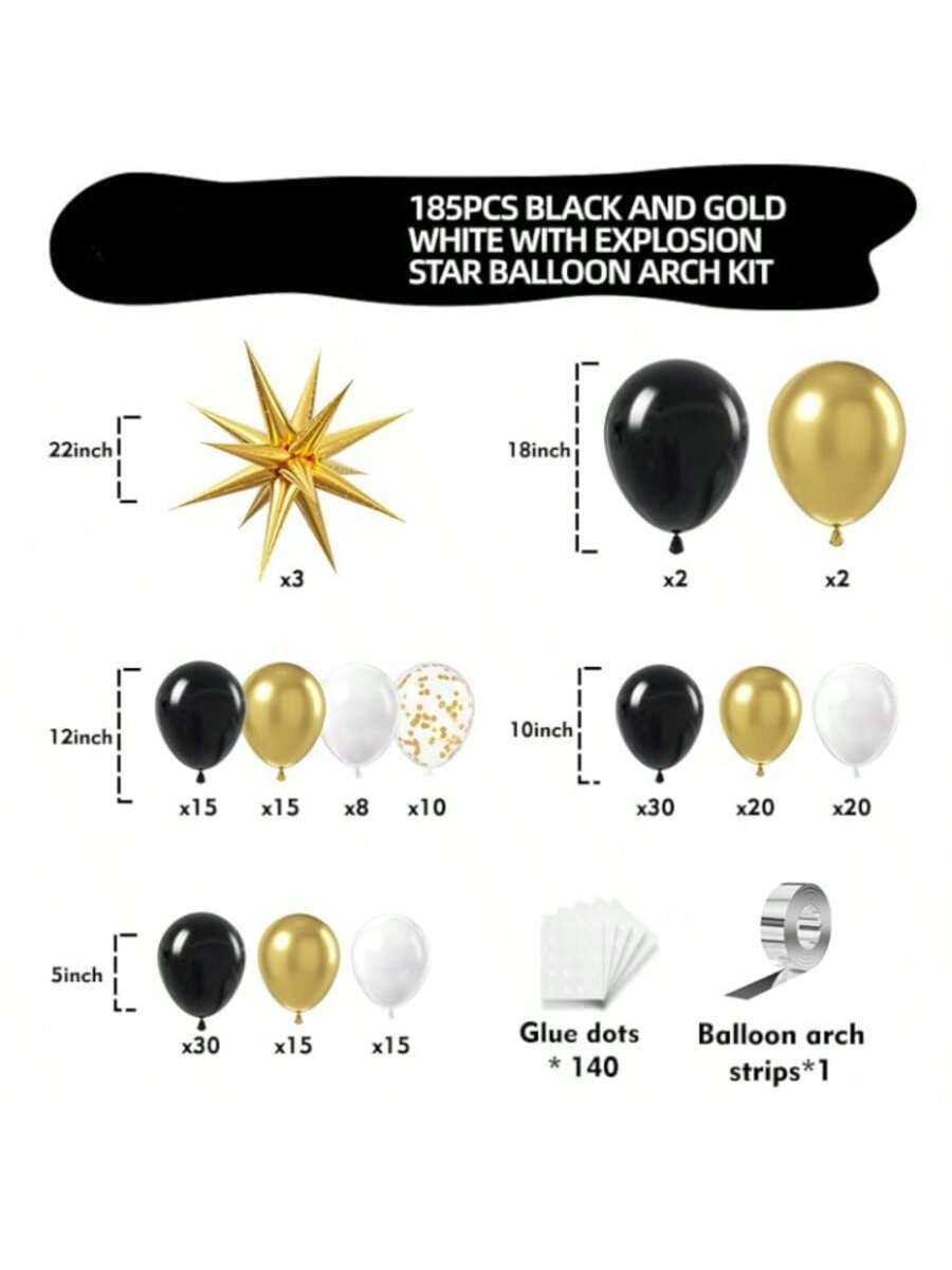 185Pcs Gold Black Garland Kit Confetti Balloons For Wedding Or Shower