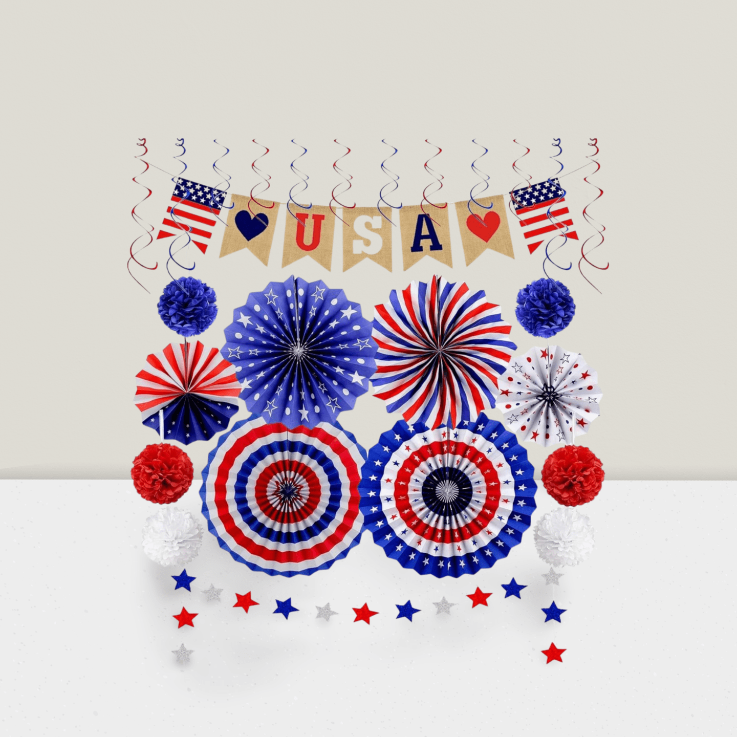 26pcs Patriotic Party Decorations USA Banner Fans Stars Pom Poms Swirls