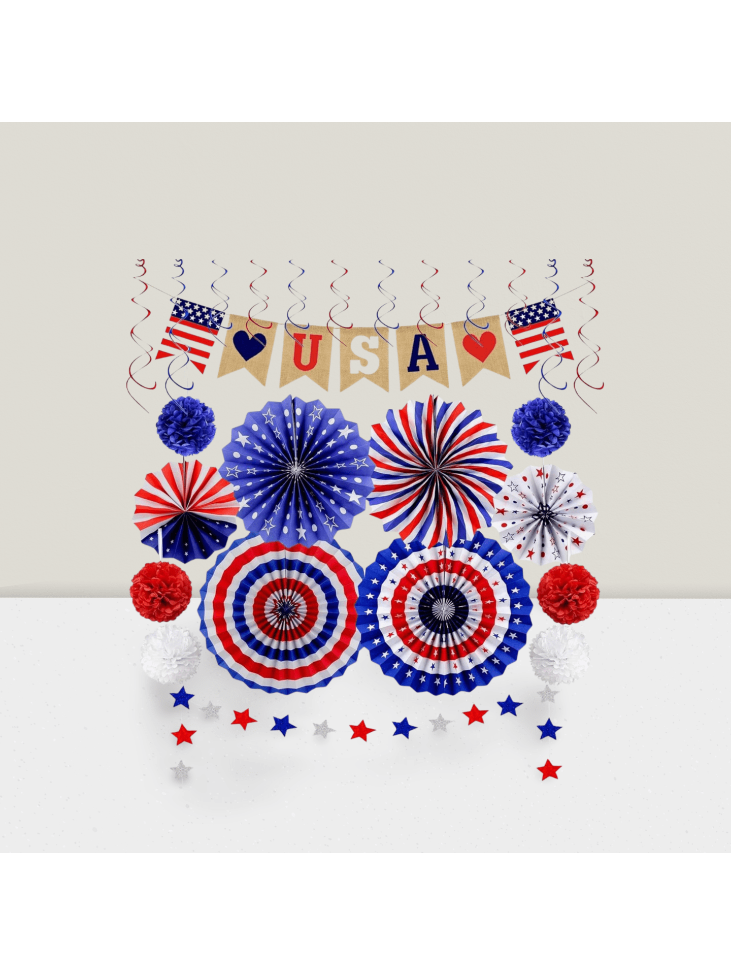 26pcs Patriotic Party Decorations USA Banner Fans Stars Pom Poms Swirls