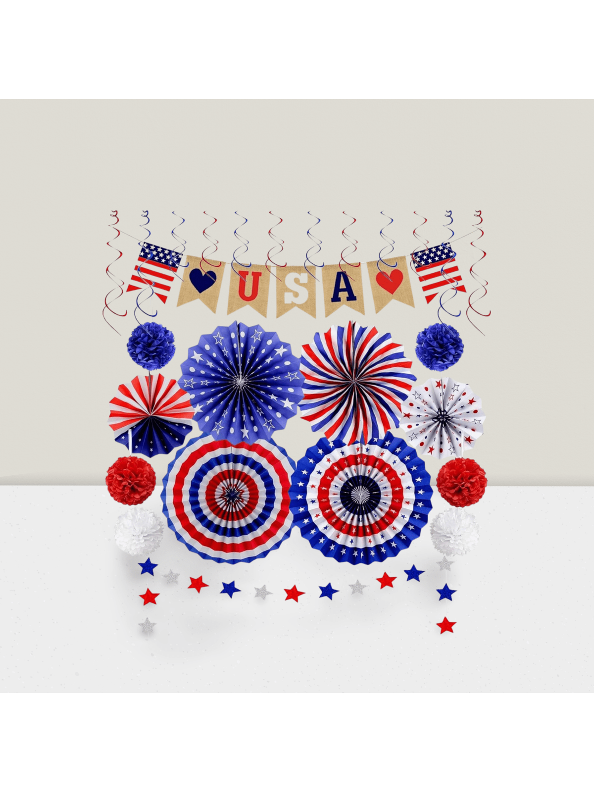 26pcs Patriotic Party Decorations USA Banner Fans Stars Pom Poms Swirls