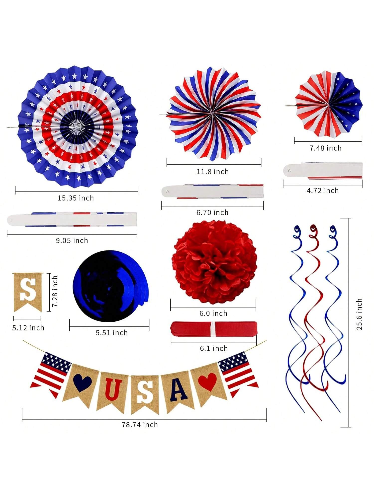 26pcs Patriotic Party Decorations USA Banner Fans Stars Pom Poms Swirls