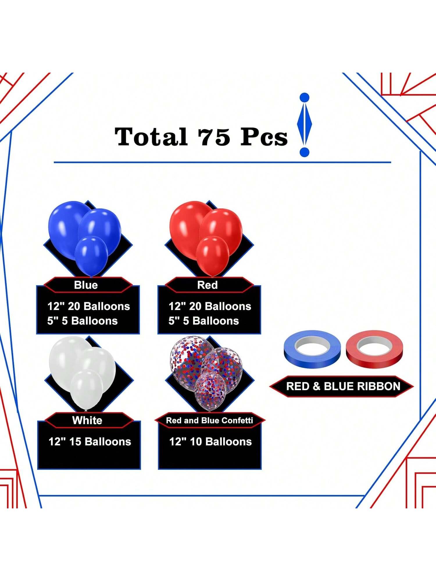 75pcs Red, White & Blue Latex Balloons (12" & 5") For 4th Of July Party Decorations
