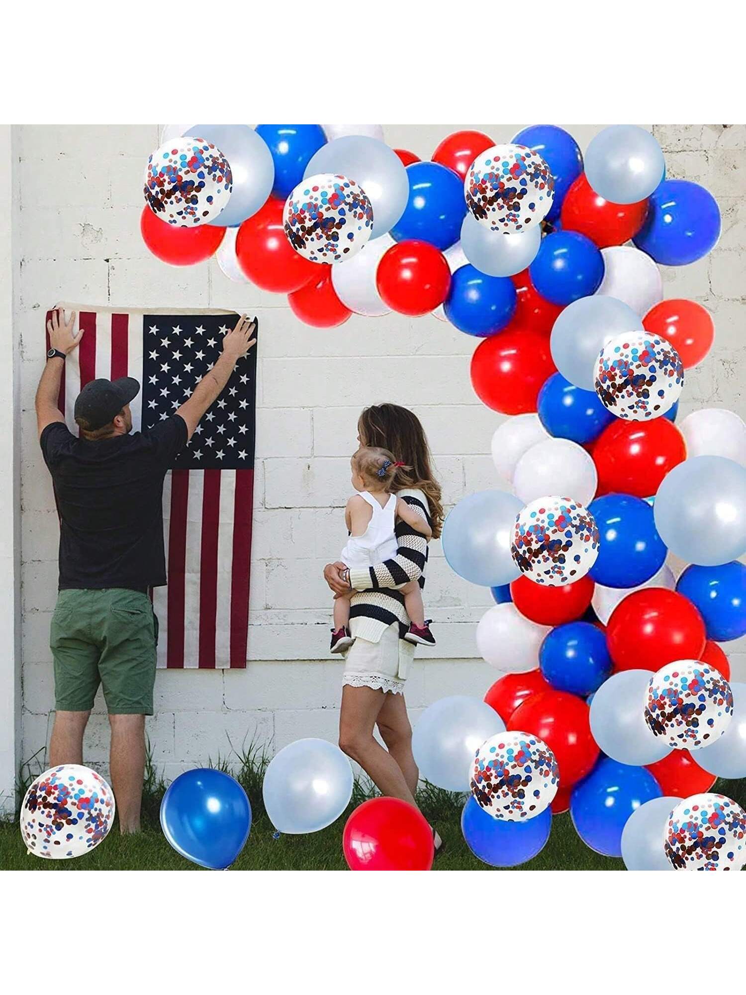 130pc Red White Blue Balloon Arch Kit W/ Confetti For 4th Of July & Patriotic Parties -