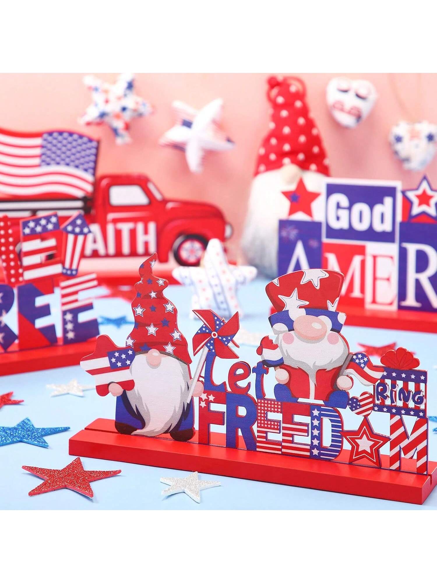 4pcs Patriotic Wooden Table Centerpieces Home of the Free God Bless America Decor