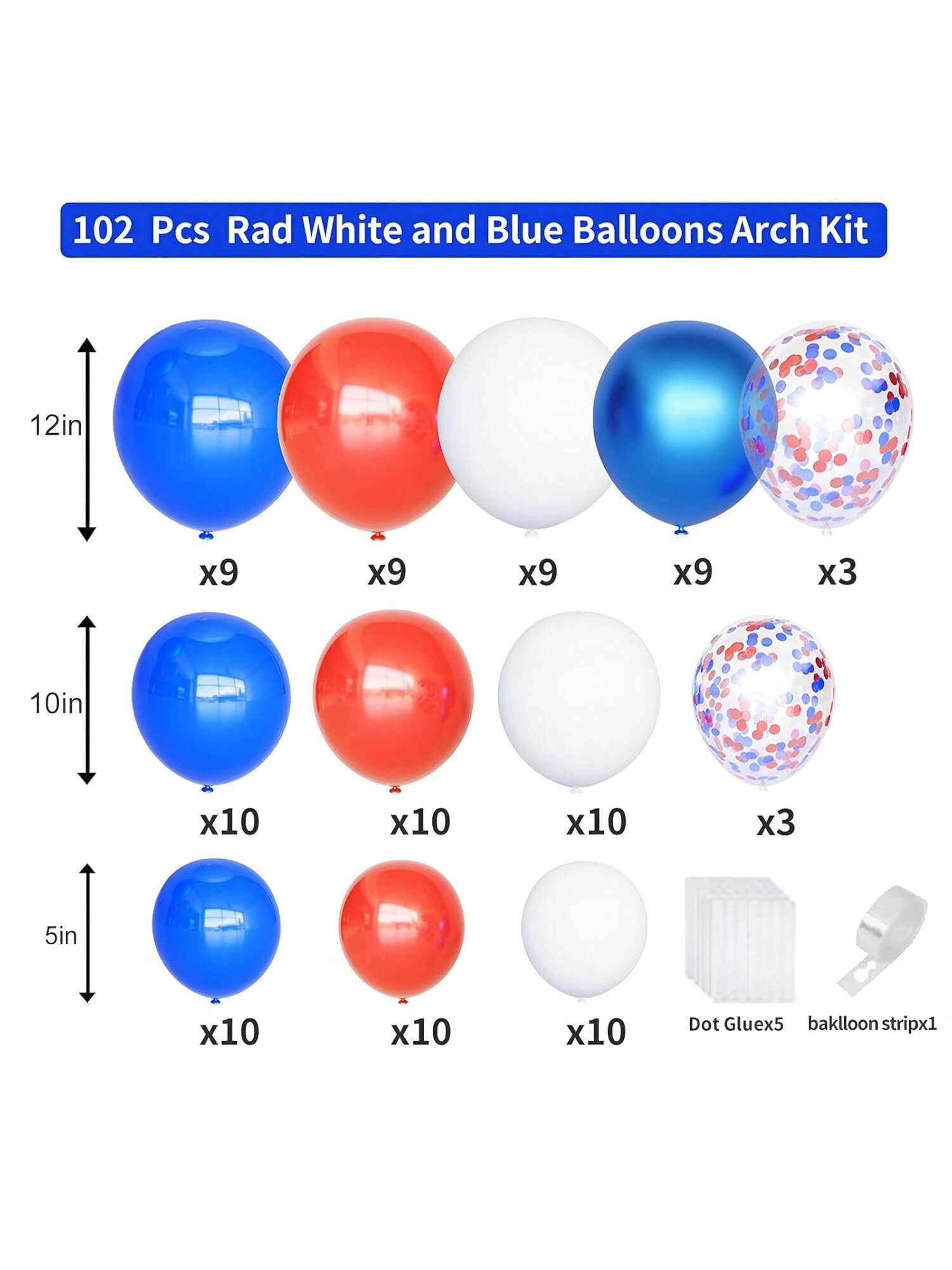 102pc Red, White & Blue Balloon Garland Arch Kit Confetti Balloons For 4th Of July