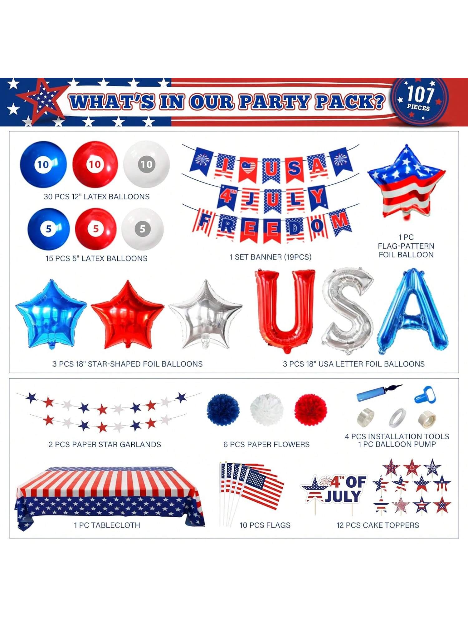 103pc Red, White & Blue Decorations Balloon Arch, "USA" Balloons, Flag & Banner