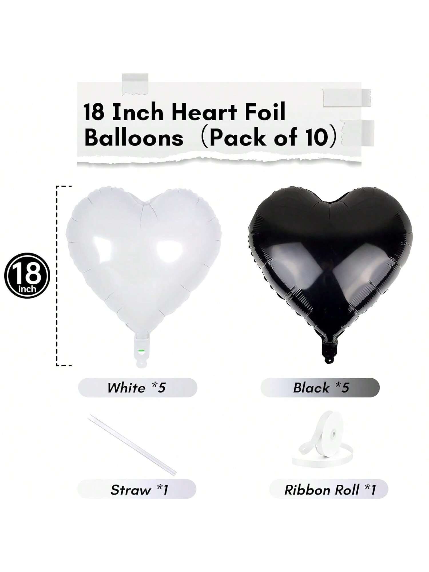 18-Inch Black & White Heart Mylar Balloons For Weddings, Birthdays & Engagements