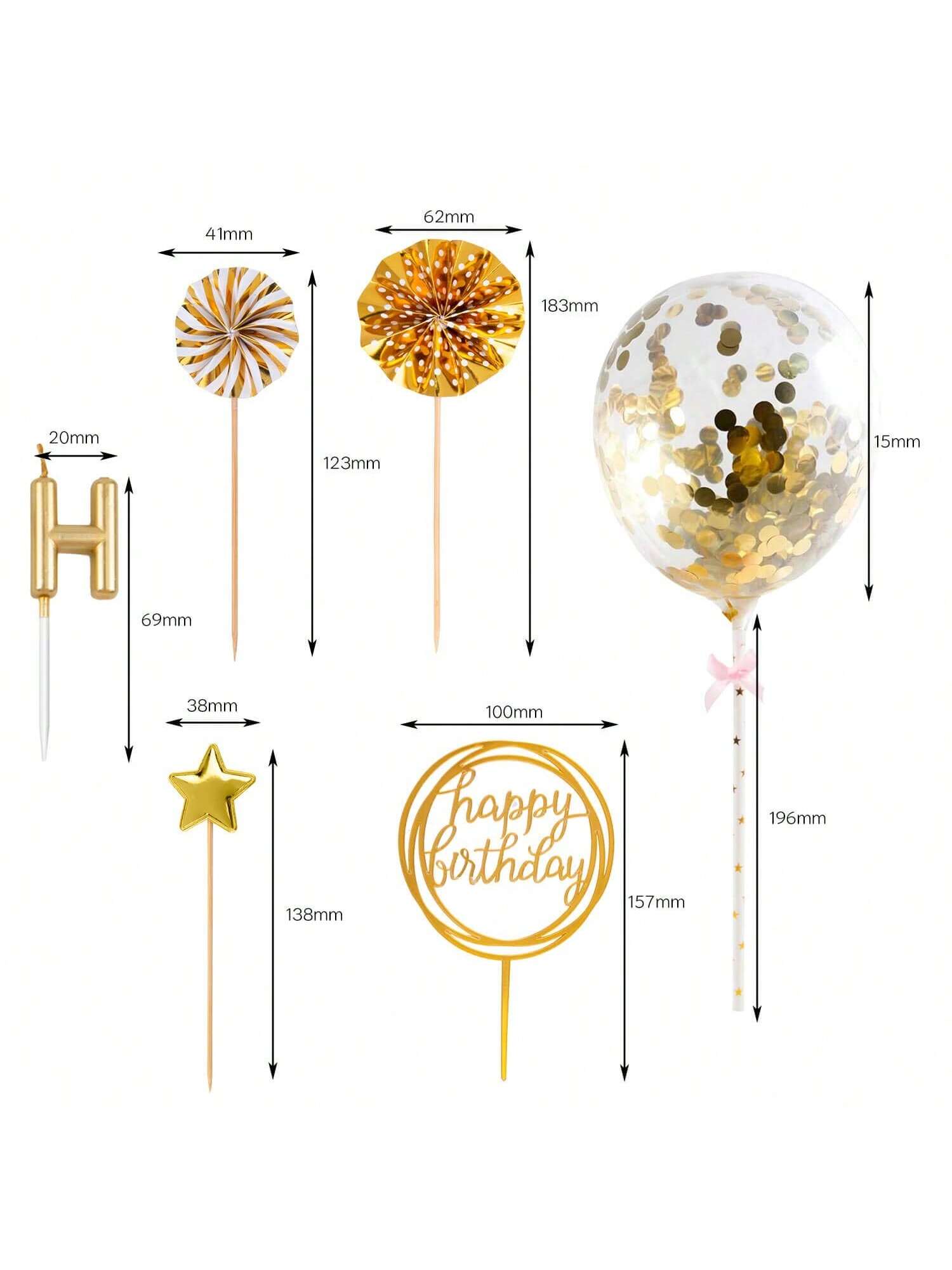 12-Pcs Gold Cake Topper Set With Candles, Confetti Balloons, Stars & Cupcake Toppers