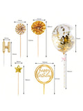 12-Pcs Gold Cake Topper Set With Candles, Confetti Balloons, Stars & Cupcake Toppers