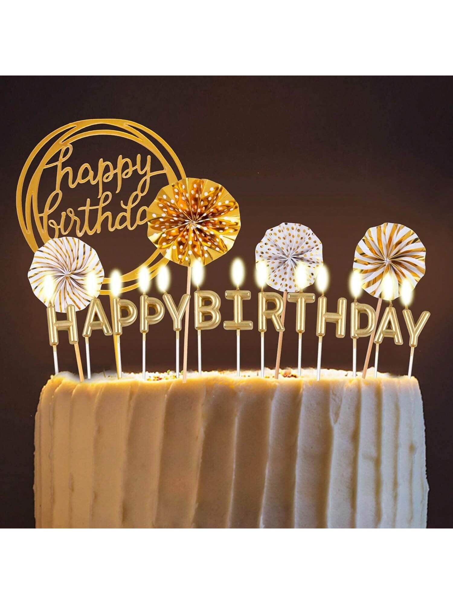 12-Pcs Gold Cake Topper Set With Candles, Confetti Balloons, Stars & Cupcake Toppers