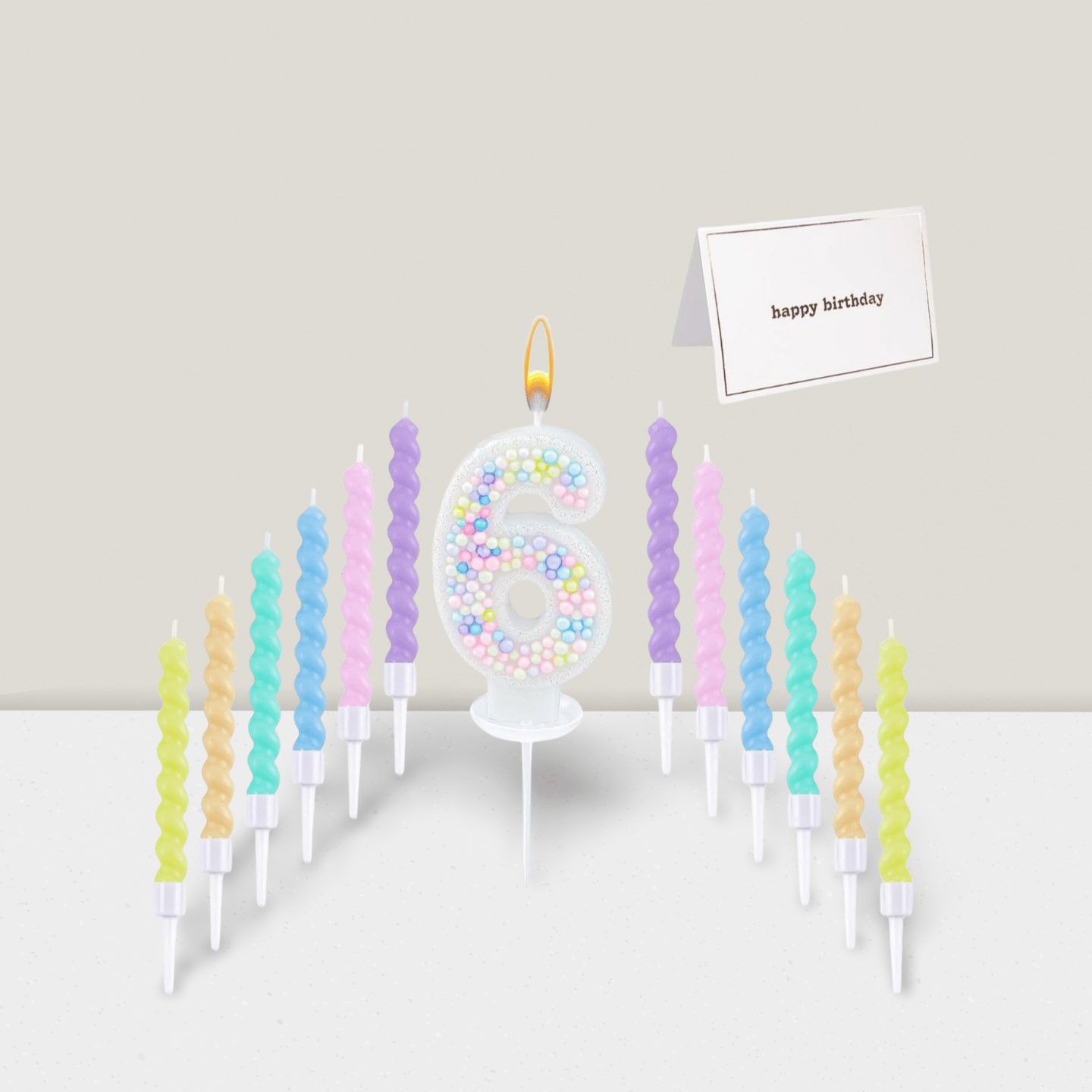 Number 6 Birthday Candle Set with 12 Spiral Candles, Macaron Glitter Theme