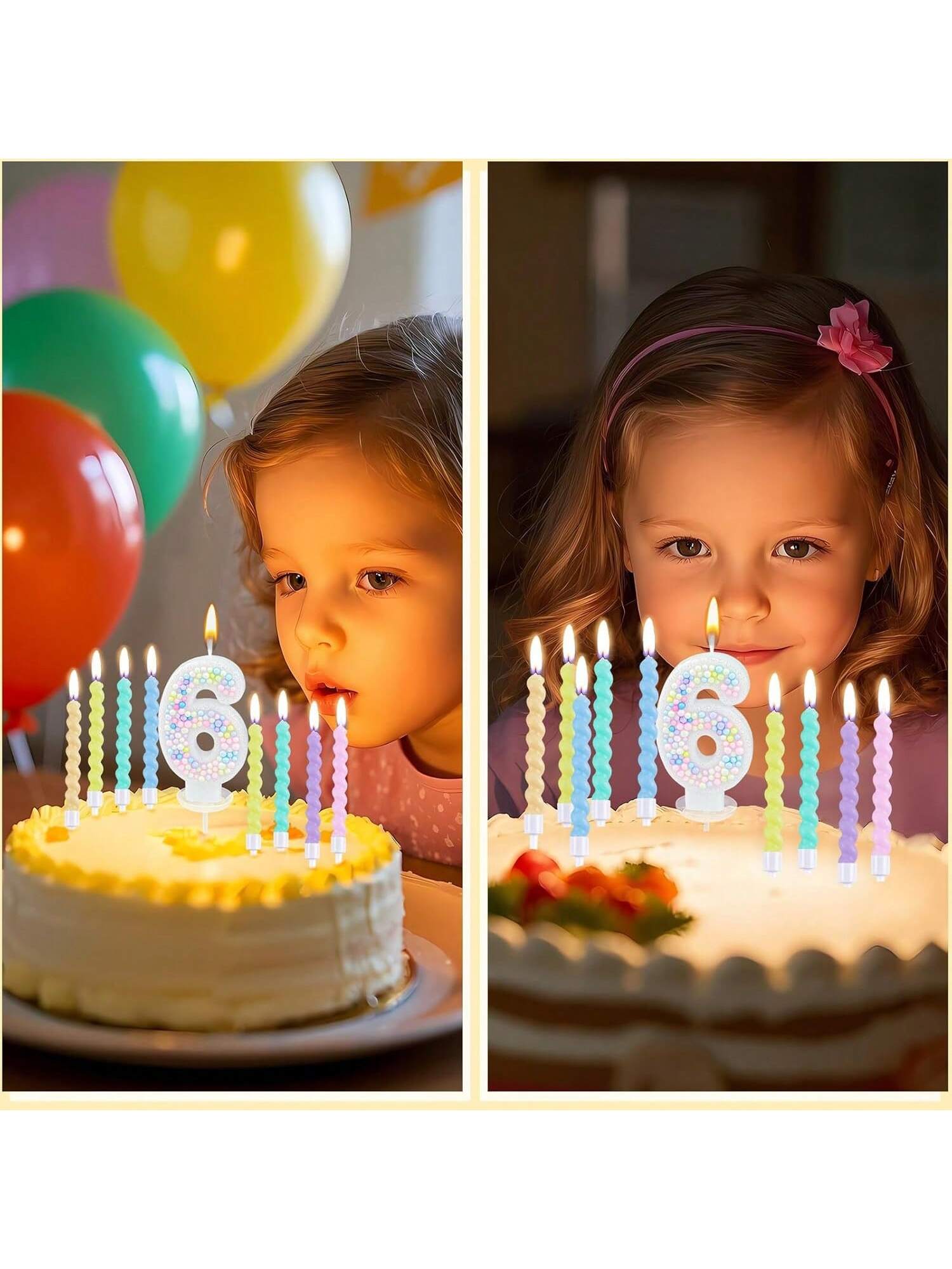 Number 6 Birthday Candle Set with 12 Spiral Candles, Macaron Glitter Theme