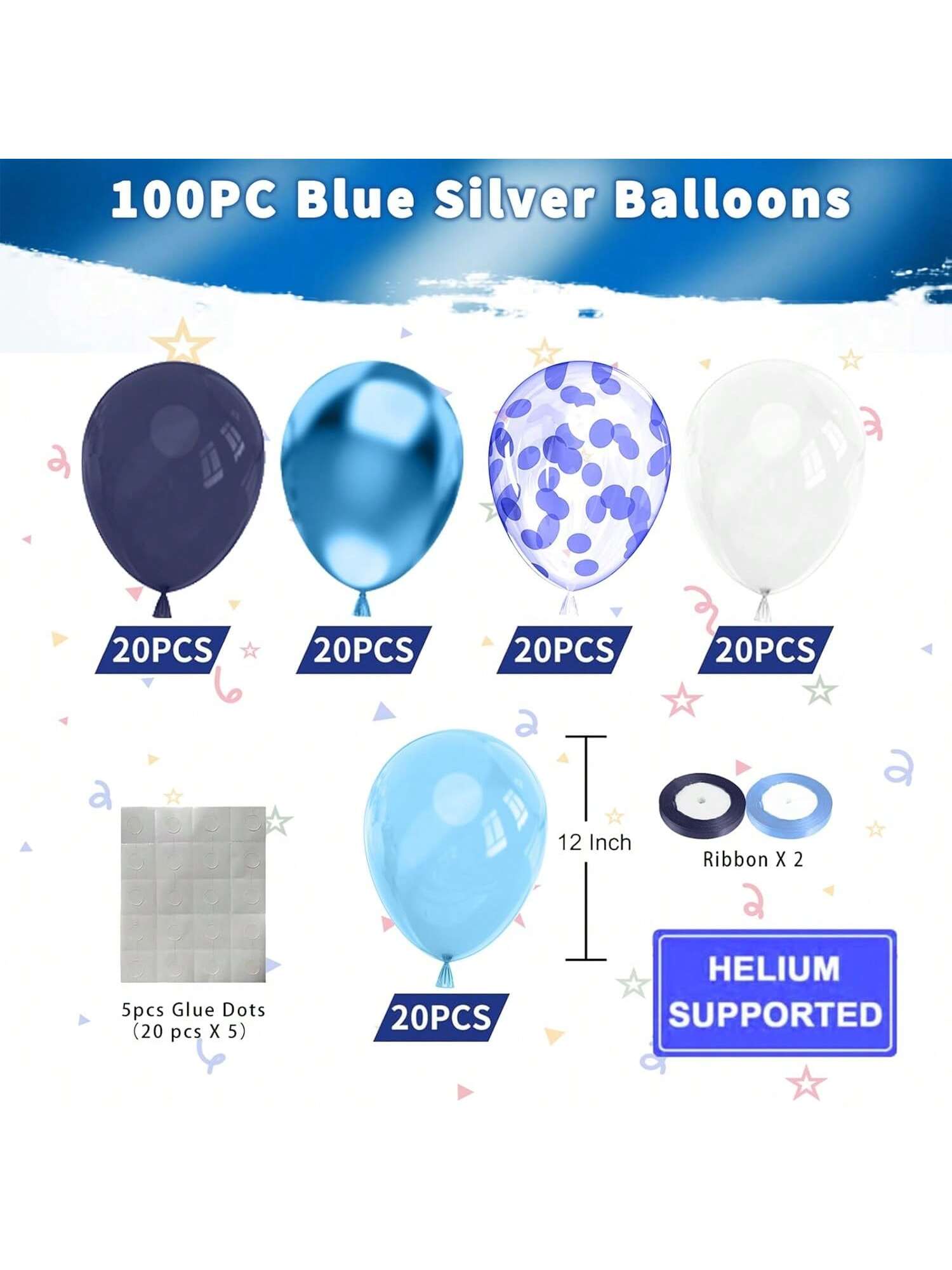 100-Pc Blue and White Metallic Balloon Set with Navy Pastel Pearl and Confetti